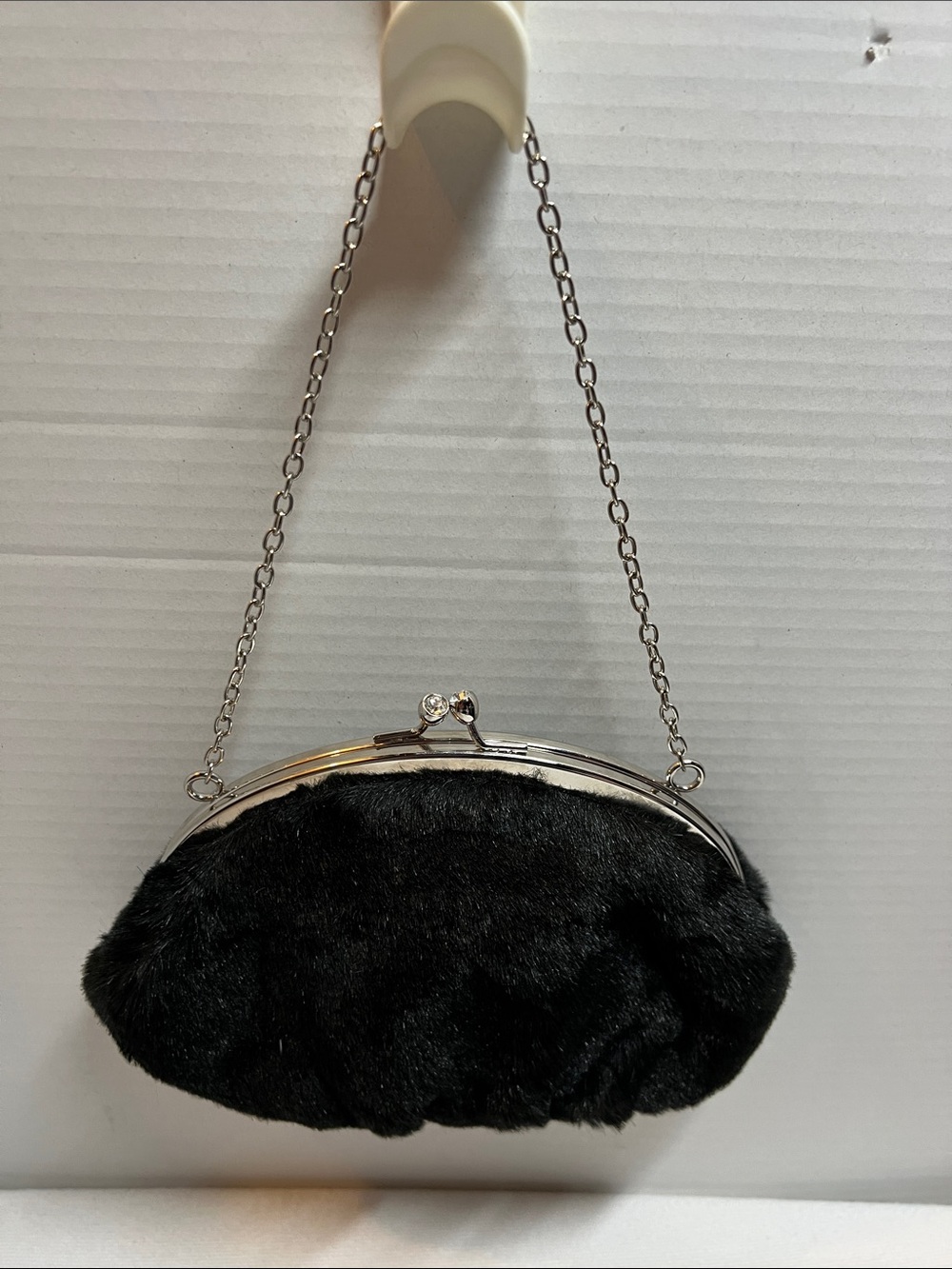 Black Faux Fur Evening Wristlet with Silver-Tone Chain